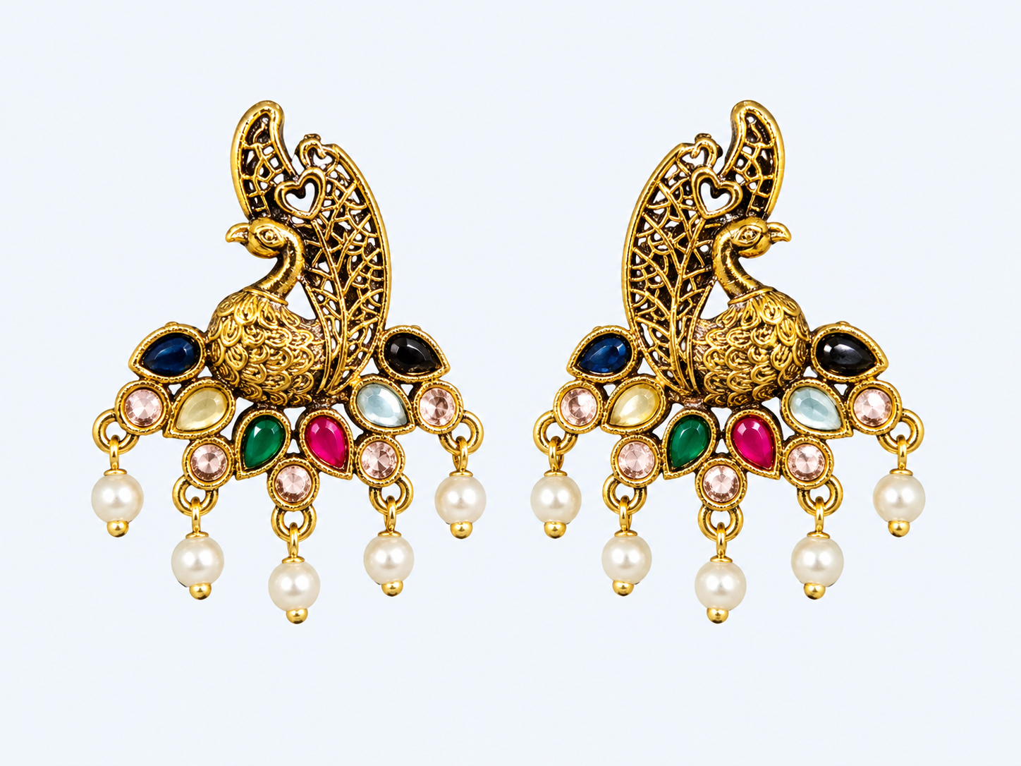 Elegant Gold Peacock Earrings with Multicolor Gemstones - Ethnic Wholesale